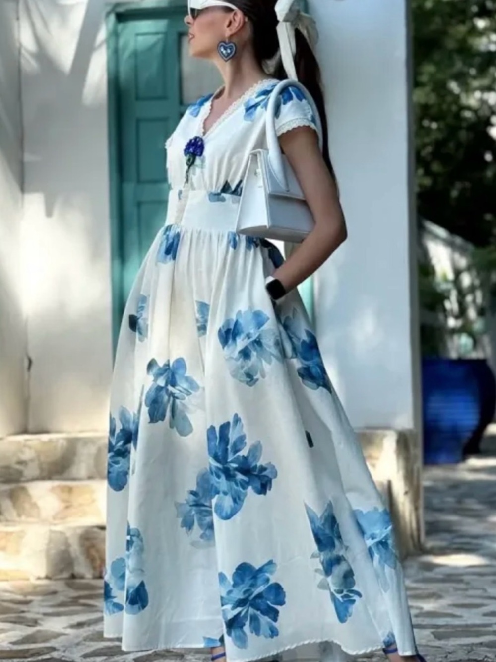White Maxi Dress with Blue Floral Print #148